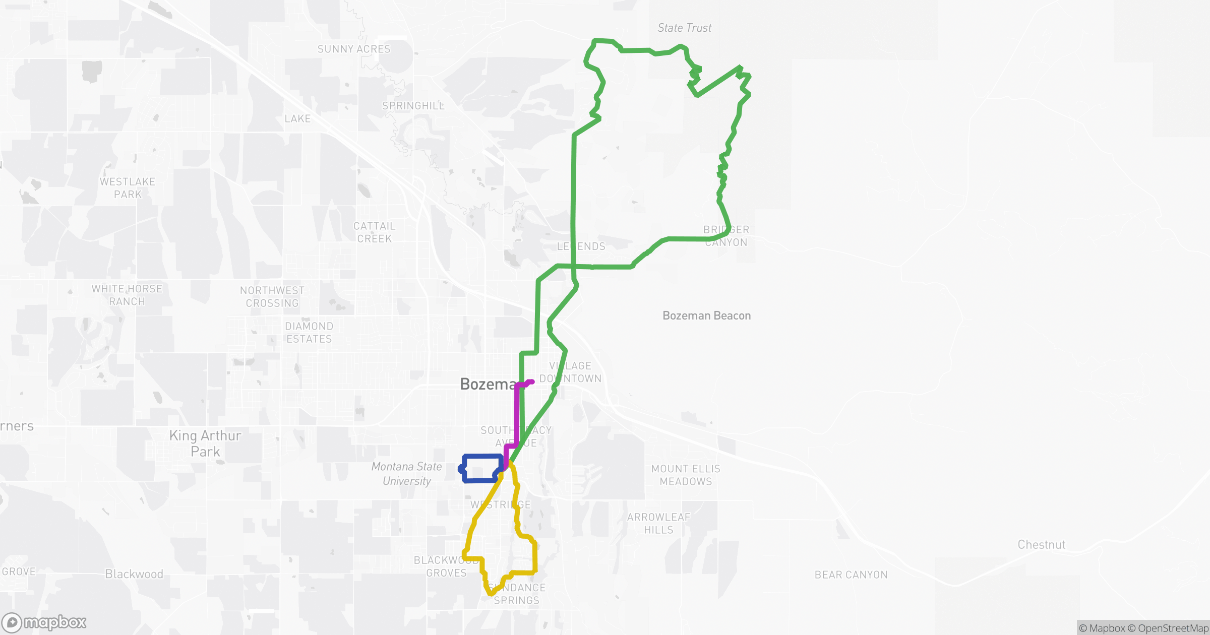 Mark's Bicycle — grocery, dog-walk, downtown, and mountain-bike routes mapped over Bozeman